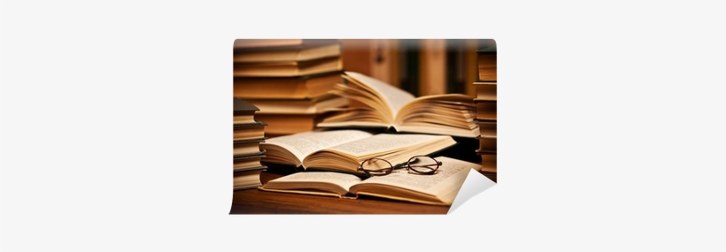 Opened Book, Lying On The Bookshelf Wall Mural • Pixers® - Glasses On Top Of Books, transparent png download