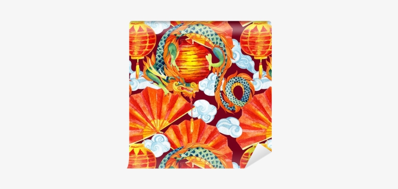 Chinese Dragon Watercolor Seamless Pattern - Watercolor Painting, transparent png download