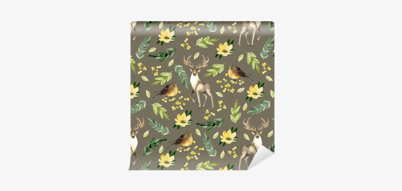 Seamless Brown Pattern With Deer And Birds - Reindeer, transparent png download