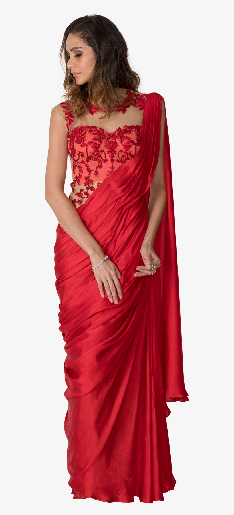 Red Embroidered Saree Gown - Red Gown Saree, transparent png download