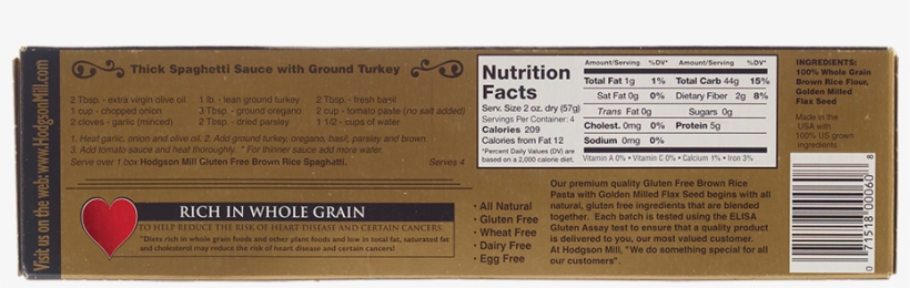 Gluten Free Brown Rice Spaghetti With Golden Milled - Hodgson Mill - Gluten Free Brown Rice Spaghetti Pasta, transparent png download