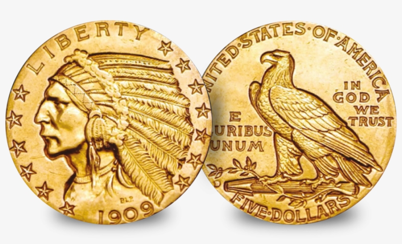 The Very First Gold Coins To Be Struck In America - 1908 Incuse Indian Head $5, transparent png download