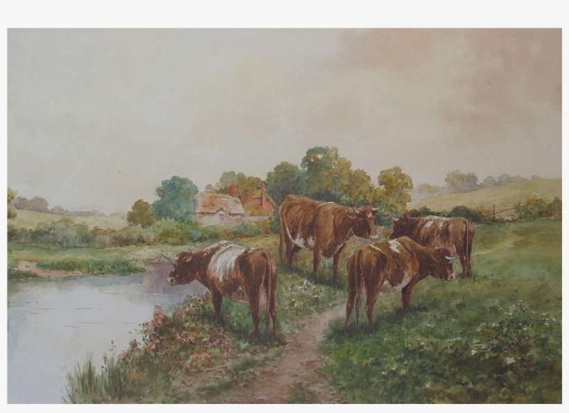 F Parr English Cows Cattle By A Cornish River Watercolour - Painting, transparent png download