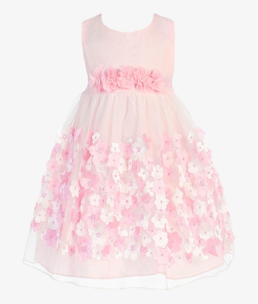 Pink Tulle Baby Girls Dress W 3d Taffeta Flowers - Dress, transparent png download