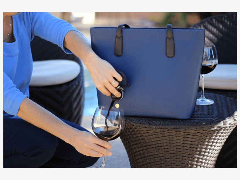 Woman Pouring Wine From Blue Portovino Wine Purse - Wine Purse - Portovino Handbag, transparent png download