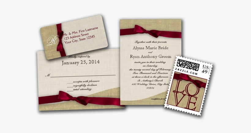 Cranberry Ribbon And Burlap Wedding Invitations - Wedding Card Cranberry Red, transparent png download