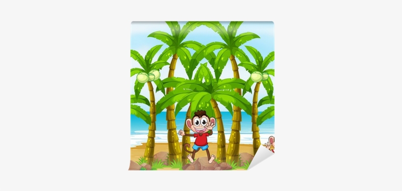Monkeys At The Beach With Coconut Trees Wall Mural - Coconut Tree Background Cartoon, transparent png download
