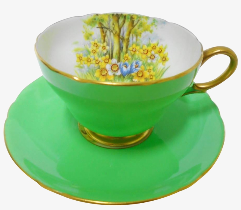 Shelley Henley Daffodil Time Green Tea Cup And Saucer, - Teacup, transparent png download