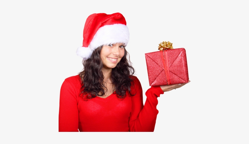 Smiling Woman In Red Santa Claus Hat With Gift Box - Santa Claus Woman Png, transparent png download