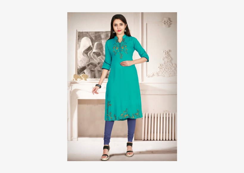 Indijoy Women's Rayon Straight Kurti With Embroidery-turquoise - Embroidery, transparent png download