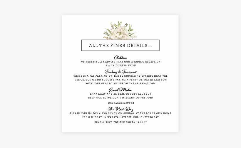 White Wedding Information Card Black - Finer Details Wedding Invitations, transparent png download