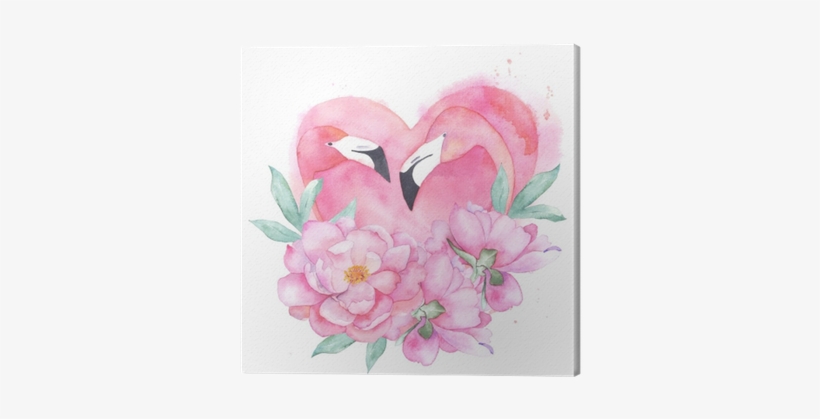 Watercolor Pink Flamingo Couple With Bouquet Peony - Canvas, transparent png download