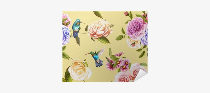 Humming Bird, Roses With Leaves On Yellow - Carta Da Parati Colibrì, transparent png download