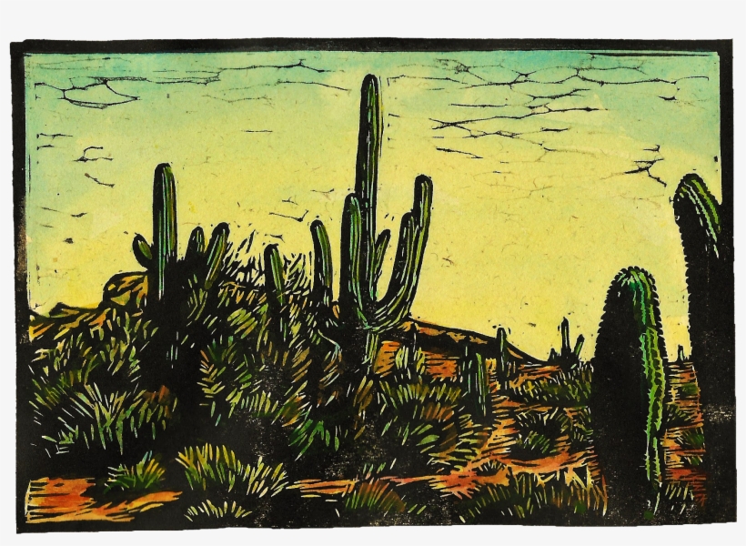Tucson Arizona Hand Colored Linocut Size Of Paper - Hedgehog Cactus, transparent png download