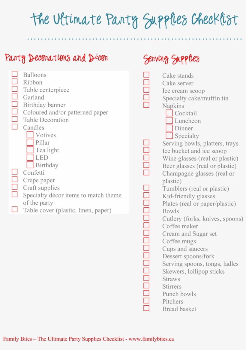 Party Supplies Checklist - Document, transparent png download