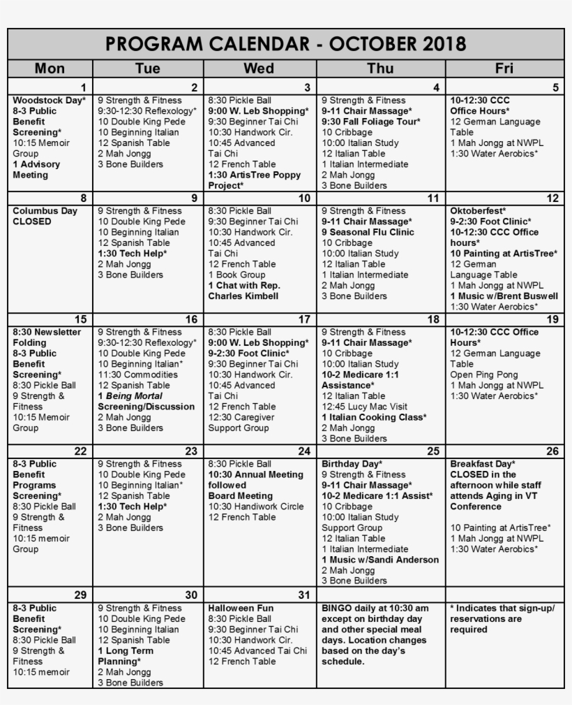 Program Calendar October 2018 - Quaker Oats Credit Union, transparent png download