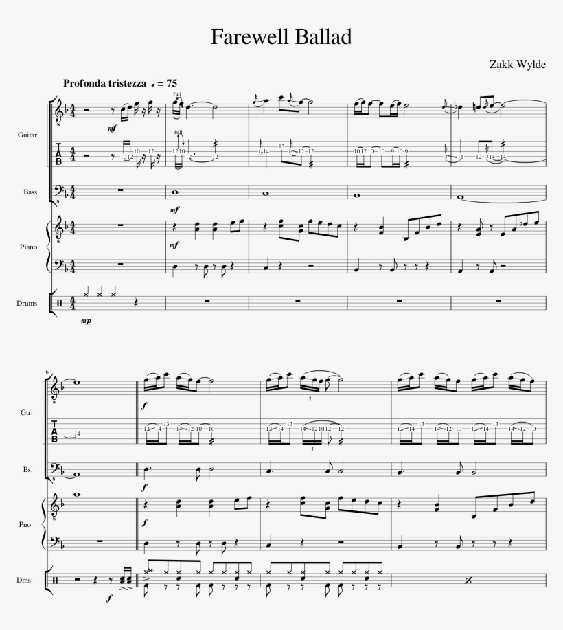 Farewell Ballad Sheet Music Composed By Zakk Wylde - Music, transparent png download