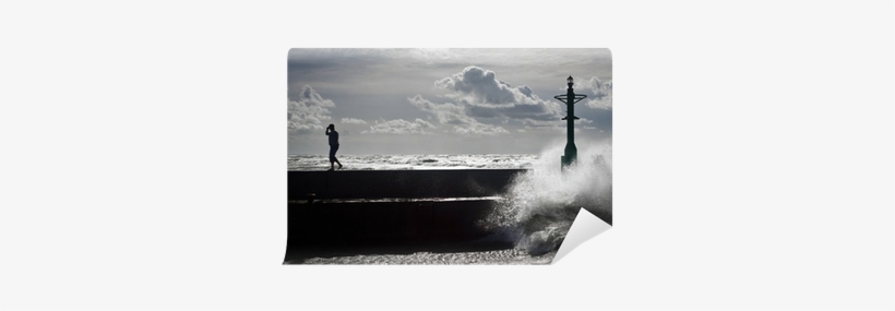 Tourist Silhouette In Groyne With Big Wave Wall Mural - Groyne, transparent png download