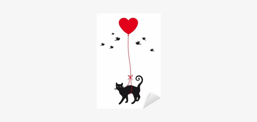 Cat Flying With Red Heart Balloon And Birds Framed, transparent png download