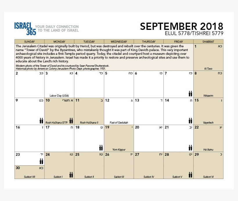 Israel365 Then & Now - September 2018 Calendar With Jewish Holidays, transparent png download