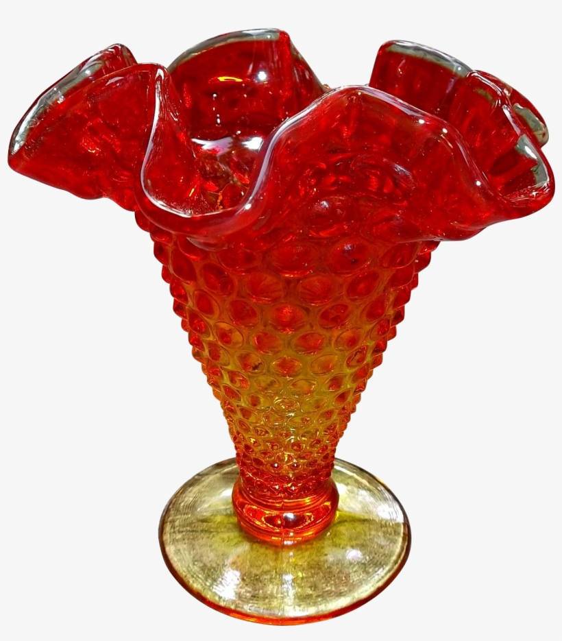 Small Vintage Glass Amberina Hobnail Vase Crimped Edge - Vase, transparent png download