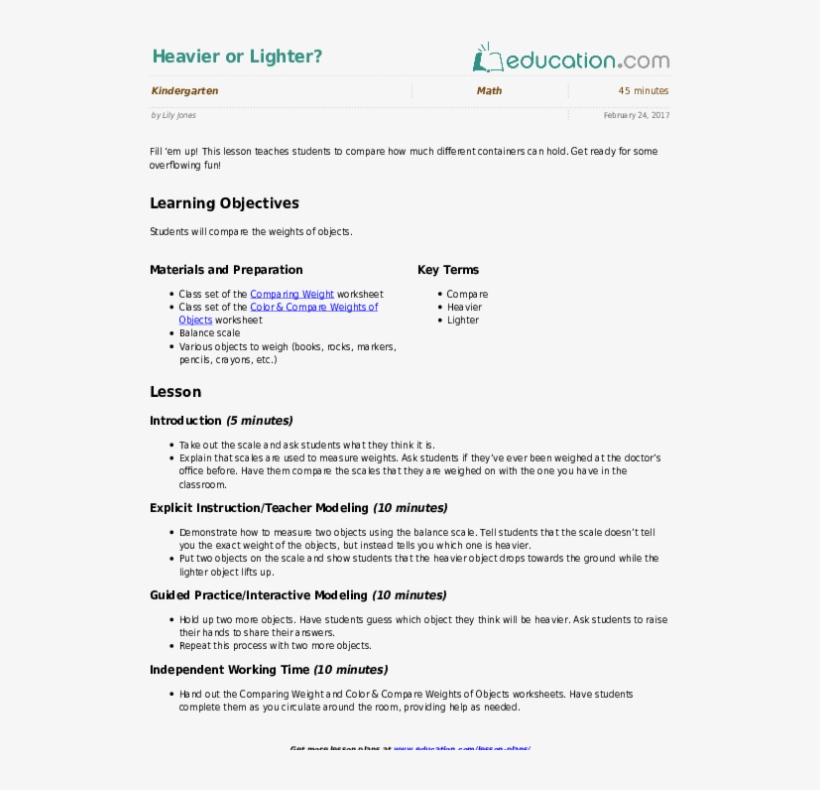 Heavier Or Lighter - Lesson Plan For Elapsed Time, transparent png download