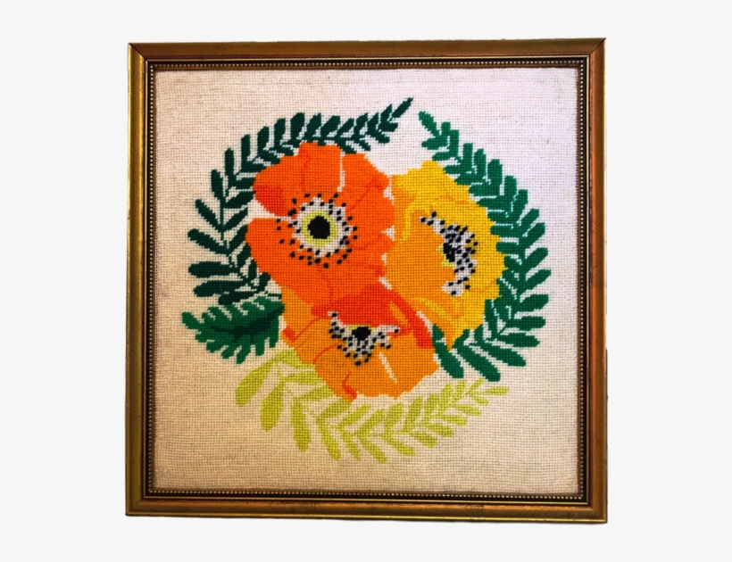 Framed Vintage Gold Frame Poppy Flower & Garland Needlepoint - Needlepoint Art, transparent png download