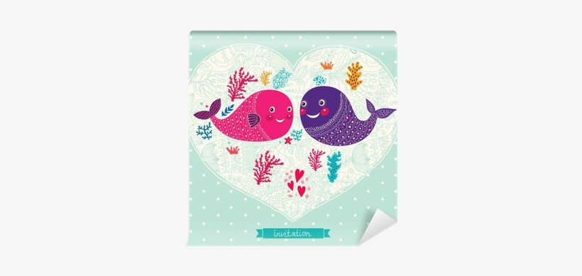 Vector Wedding Invitation With Cute Fishes Wall Mural - Wedding Invitation, transparent png download