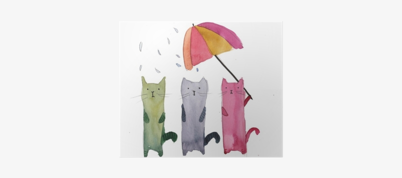Three Cats In The Rain Watercolor Illustration Poster - Umbrella, transparent png download