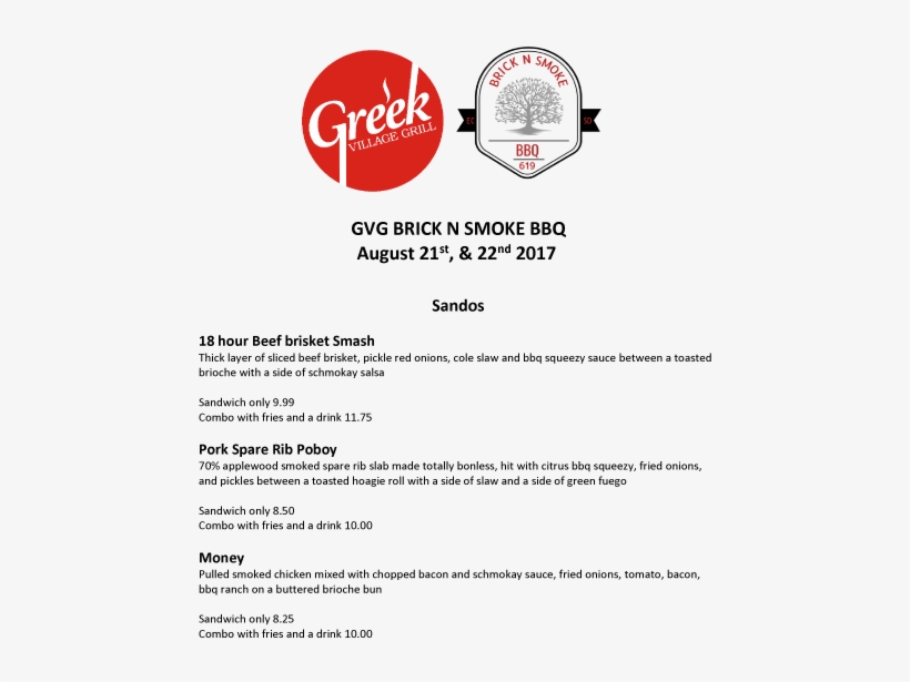 Gvg Brick N Smoke Bbq Menu - Greek Restaurant, transparent png download