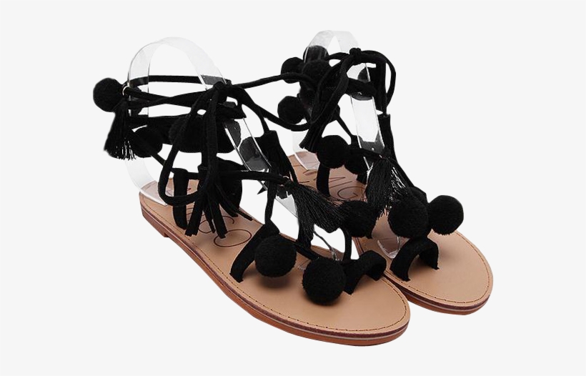 Sexy Zaful Women Black Shoes Lace Up Tassels Pompon - Sandalini Neri Con Pon Pon, transparent png download