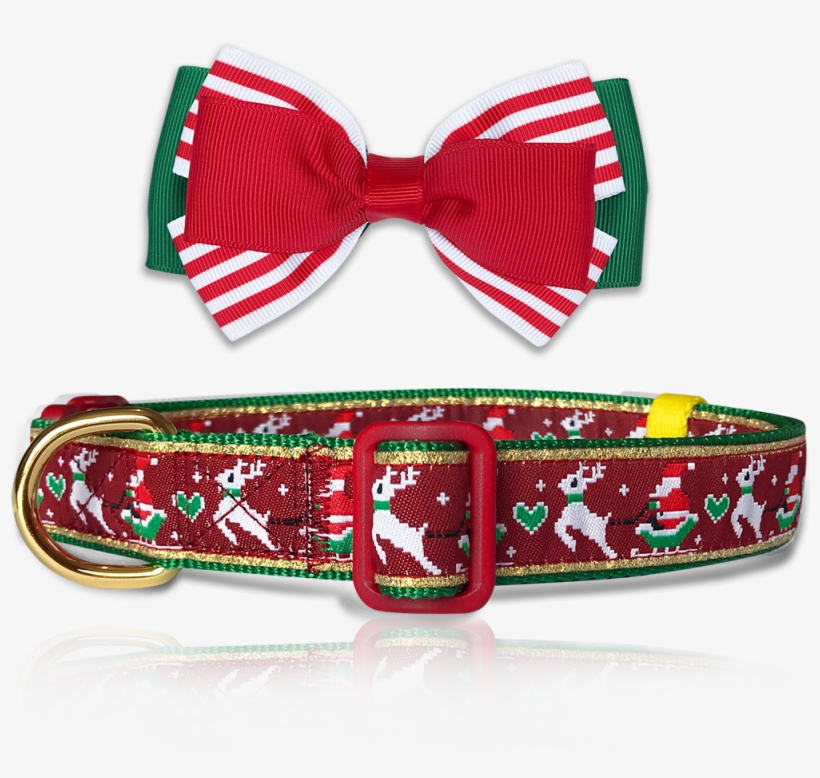 Reindeer & Santa Sled Holiday Dog Collar With Bowtie - Dog, transparent png download
