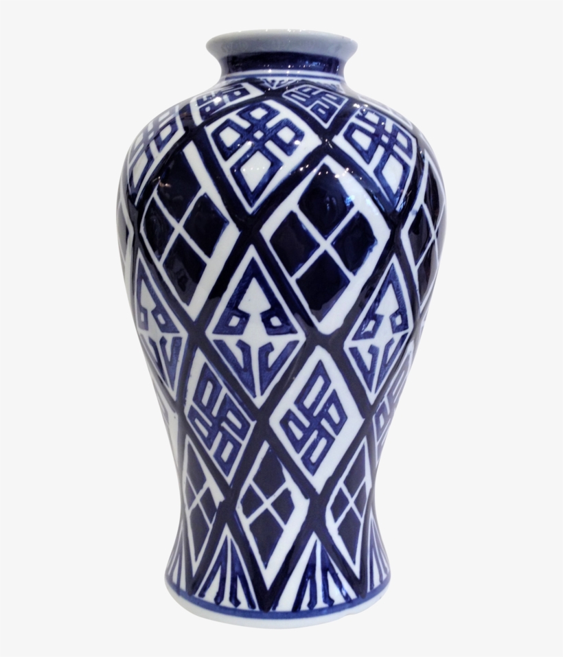 White With Navy Blue Geometric Design Tall Vase - Vase, transparent png download
