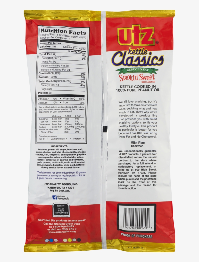 Utz Kettle Classics Potato Chips, Reduced Fat Smokin - Utz Kettle Classics Potato Chips, Smokin' Sweet - 8, transparent png download