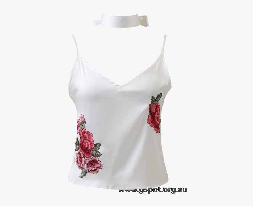 Satin Camisole Top With Choker Strap White - Sexy Women Floral Embroidery Camisole Halter Vest V, transparent png download