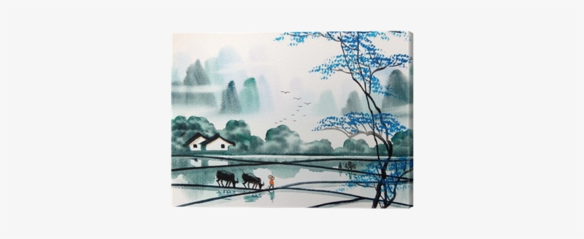 Chinese Landscape Watercolor Painting Canvas Print - Chinese Landscape Watercolor, transparent png download