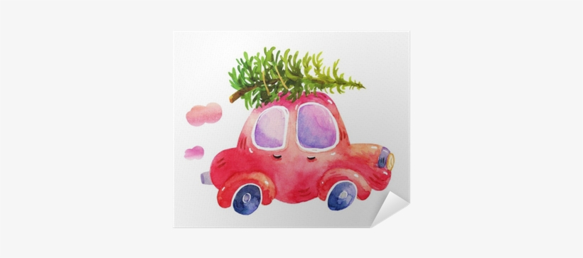 Watercolor Winter Retro Car With Christmas Tree Illustrations - Christmas Tree On Car Drawing, transparent png download