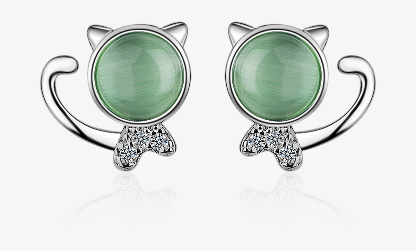 Cute Solid 925 Sterling Silver Green Opal Cat Ear Stud - Earrings, transparent png download