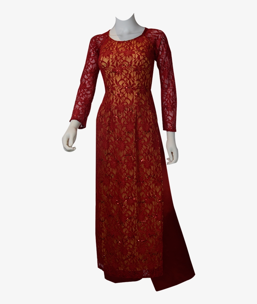 Red Lace Ao Dai Vietnamese Traditional Long Dress - Gown, transparent png download