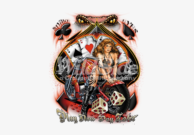 Bikini Biker Babe On Motorcycle With Snake Eyes, Playing - Biker Pinup Girl Motorcycle Chopper Custom Bike T-shirt, transparent png download