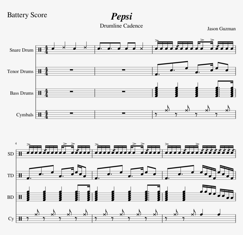 Pepsi Sheet Music Composed By Jason Guzman 1 Of 4 Pages - Drum Cadence, transparent png download