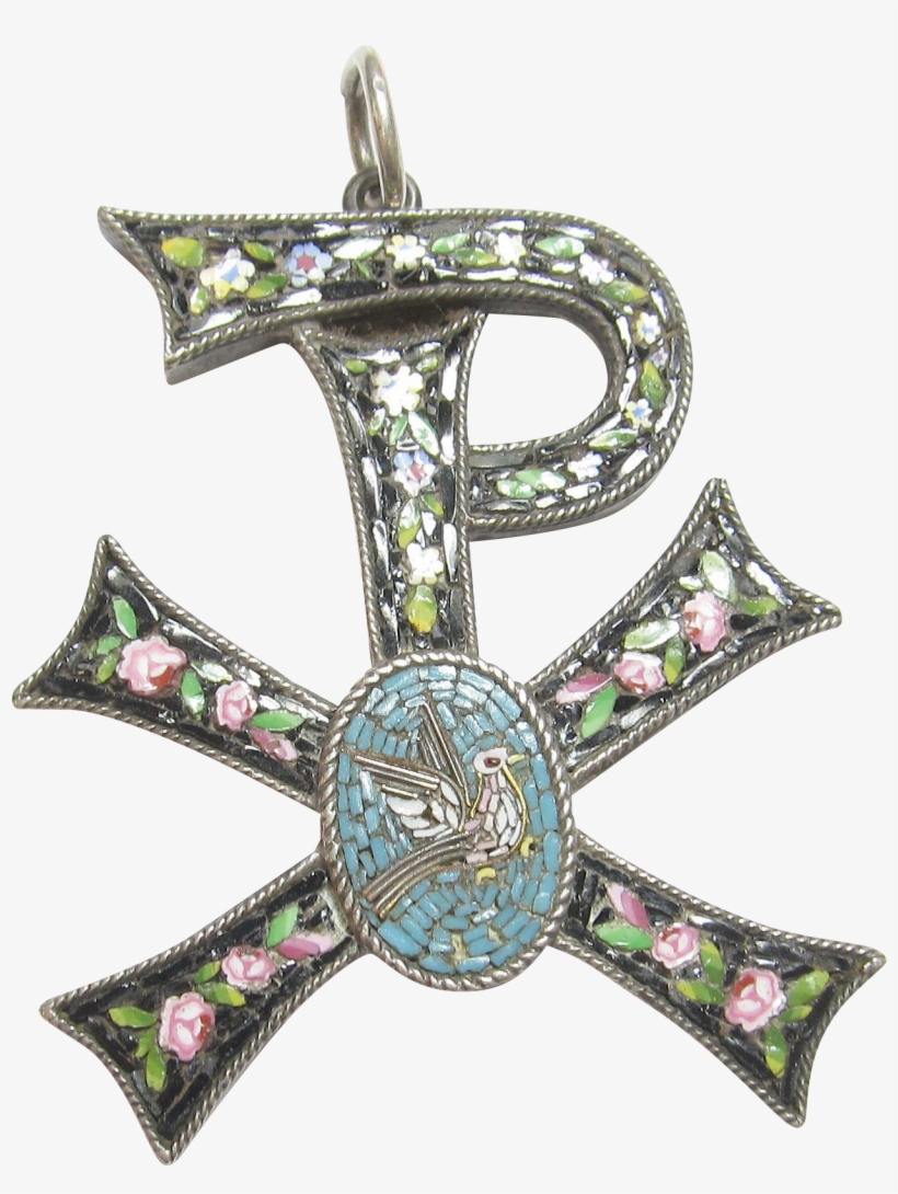 1890's Victorian Sterling Silver Micro Mosaic Bird - Cross, transparent png download