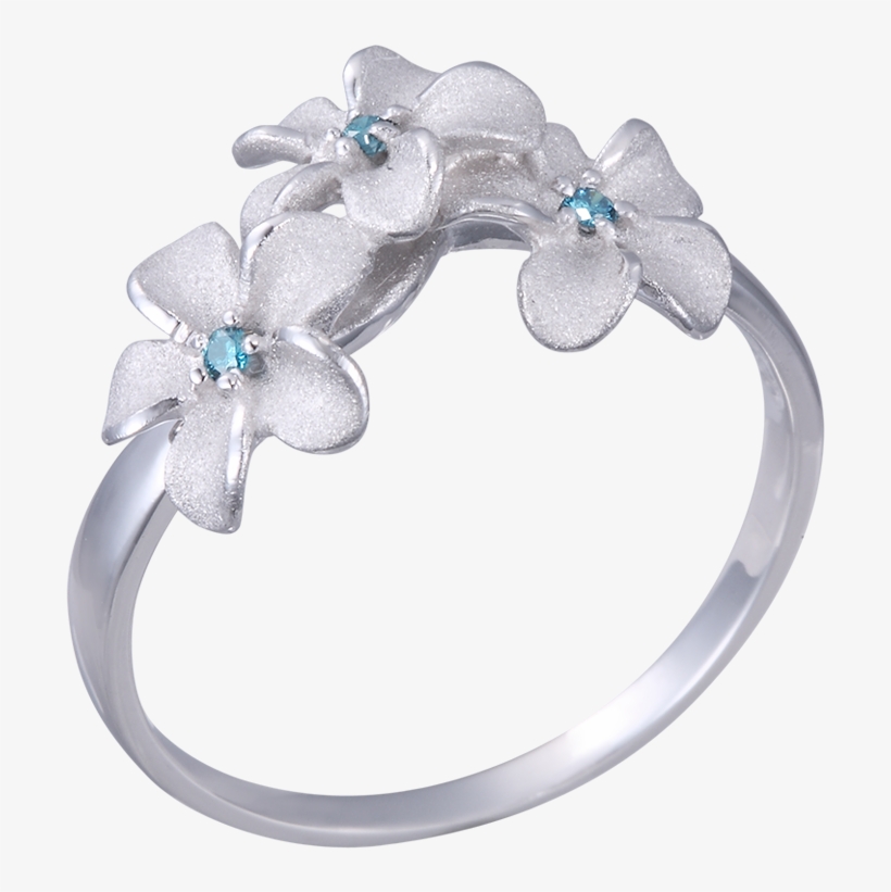 14k White Gold Plumeria Ring With 3 Blue Diamonds - Gold, transparent png download
