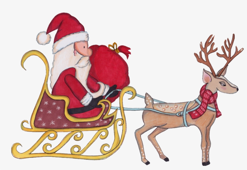 Hand Painted A Sika Deer Pulling Santa Png Transparent - Santa Claus, transparent png download