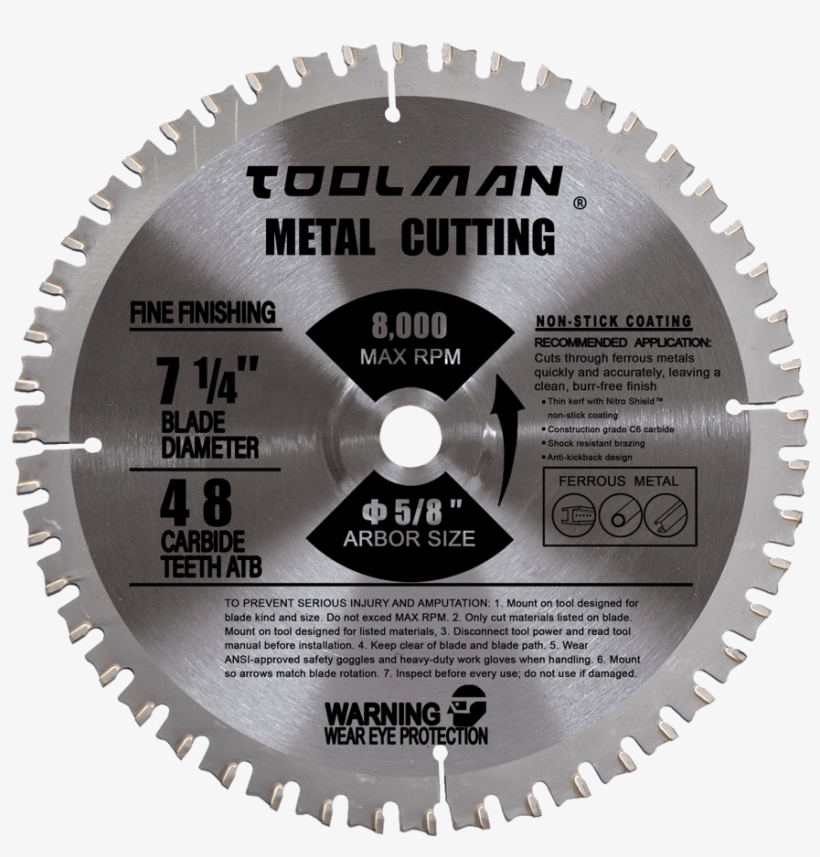 7-1/4" 5/8" 48t Carbide Tip Circular Saw Blade For - Dewalt Miter Saw Blades 12, transparent png download