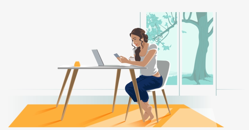 Woman Sitting At A Table Reading At Her Smartphone - Man Sitting Transparent Cartoon Png, transparent png download