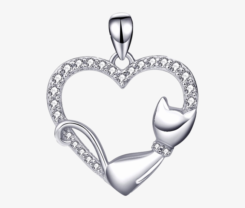 Heart Cat Necklace - 925 Sterling Silver Lucky Cat Cz Heart Necklaces Gold, transparent png download