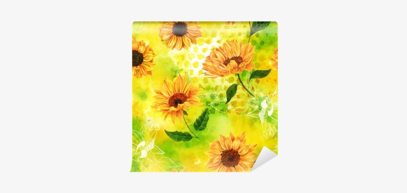 Seamless Pattern With Watercolor Sunflowers On Yellow-green - Watercolor Painting, transparent png download