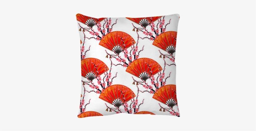 Seamless Japan Pattern With Japanese Hand Fan And Sakura - Cushion, transparent png download