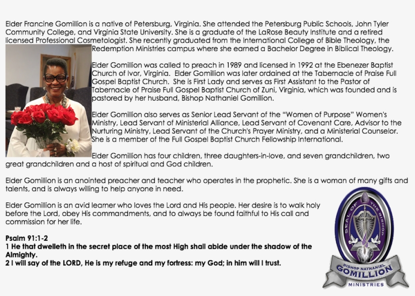 Elder Francine Gomillion Is A Native Of Petersburg, - Bride, transparent png download